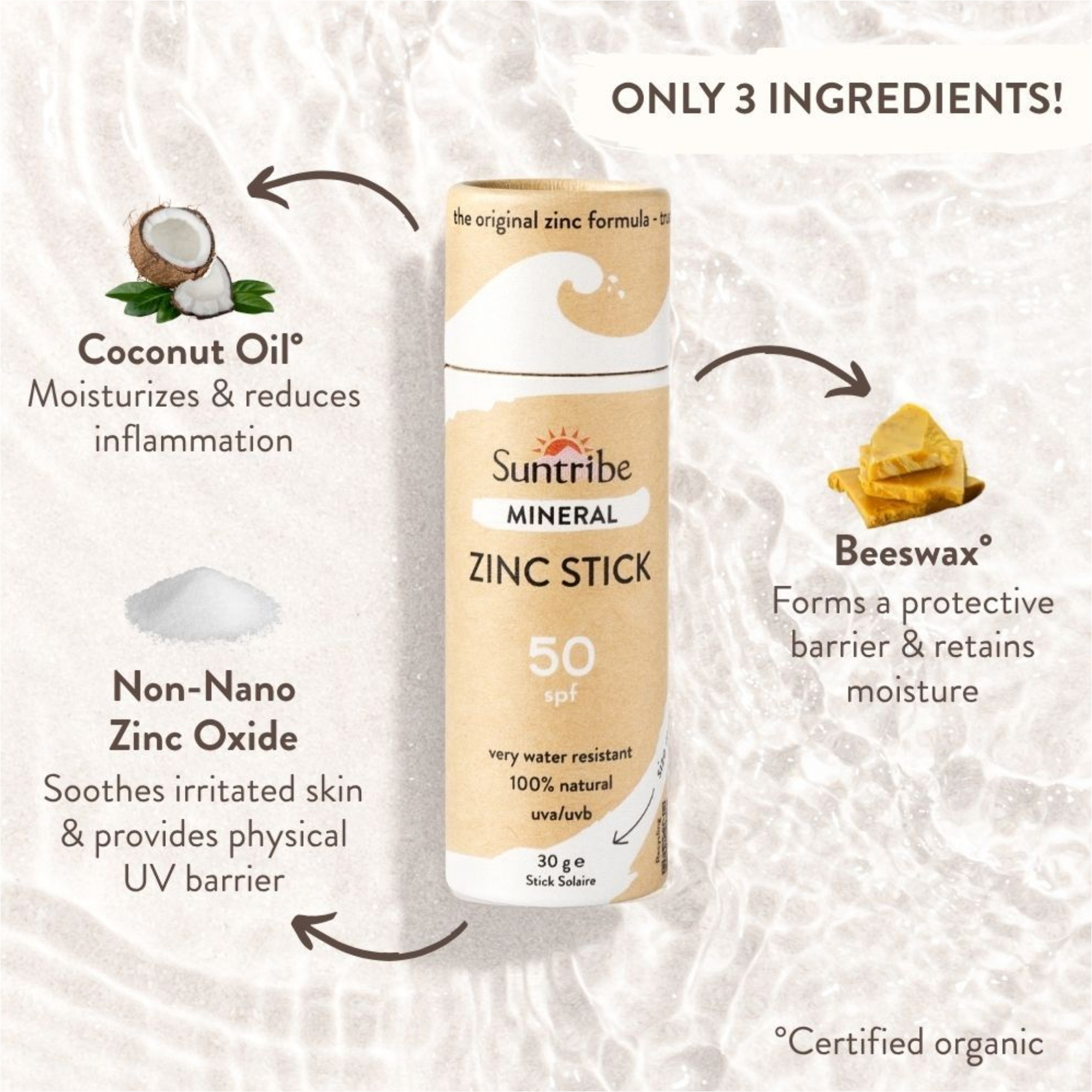 2026 Suntribe Organic Mineral Zinc Sun Stick SPF 50 STZS - White
